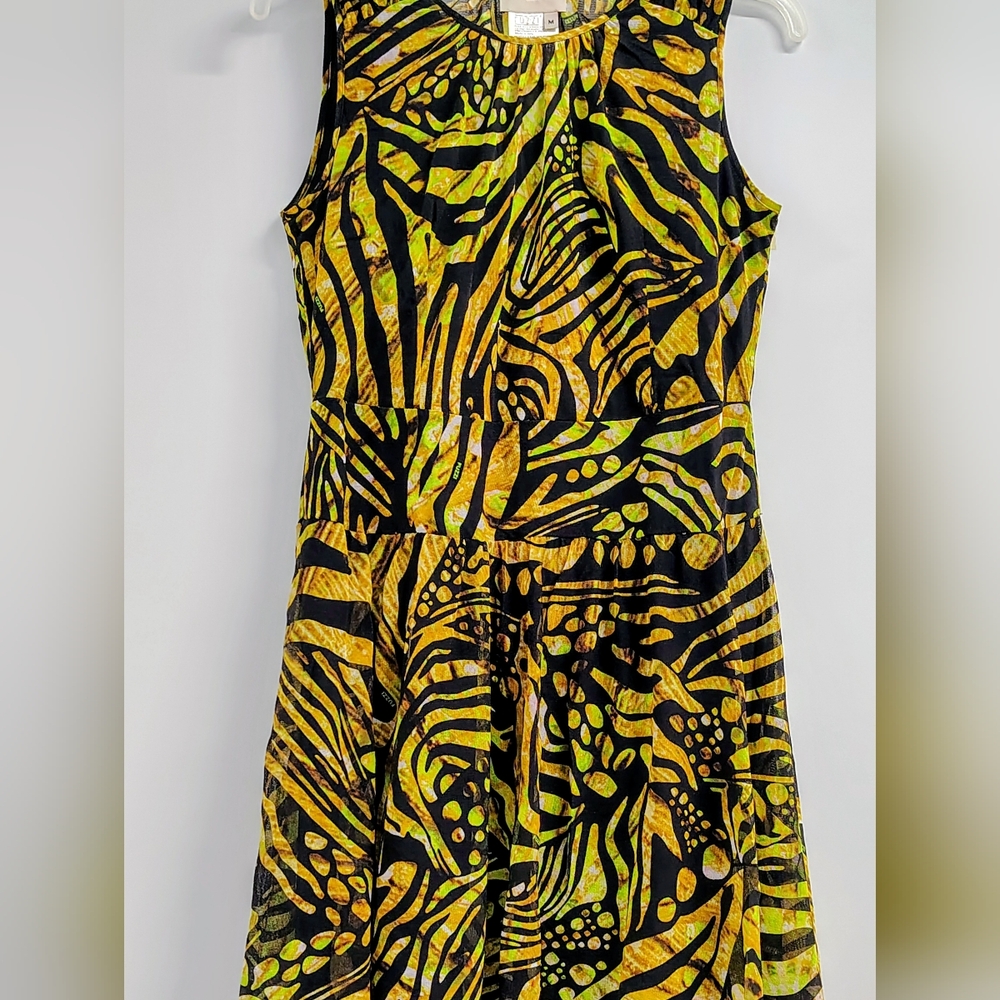 FUZZI ITALY SLEEVELESS MESH RAIN FOREST ANIMAL PRINT BELTED MIDI DRESS SZ MEDIUM